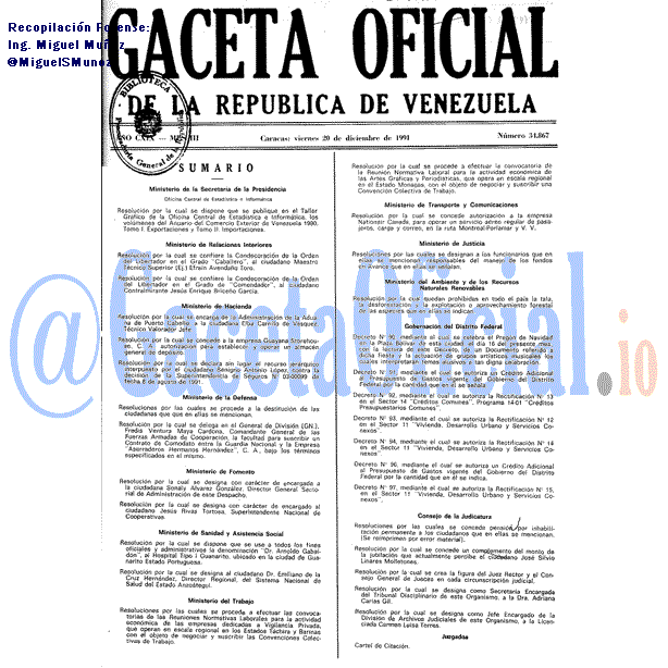 Gaceta Oficial 34867 del 20 Diciembre 1991