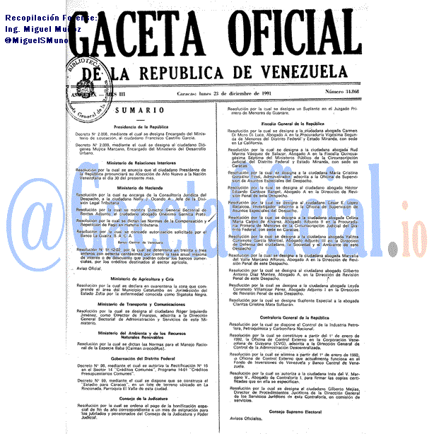 Gaceta Oficial 34868 del 23 Diciembre 1991