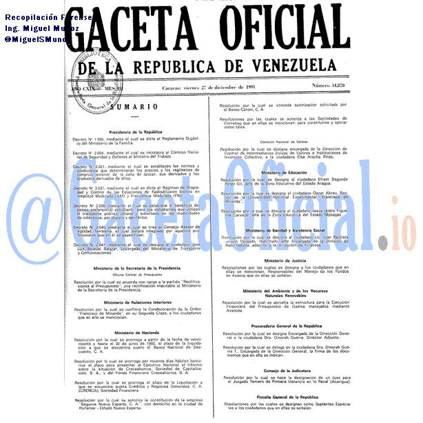 Gaceta Oficial 34870 del 27 Diciembre 1991
