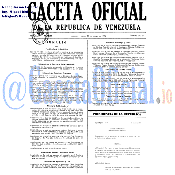 Gaceta Oficial 34879 del 10 Enero 1992