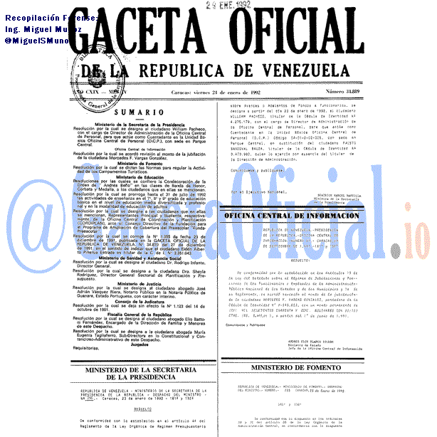 Gaceta Oficial 34889 del 24 Enero 1992