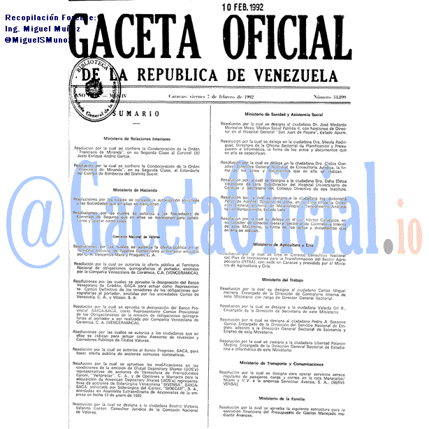 Gaceta Oficial 34899 del 7 Febrero 1992