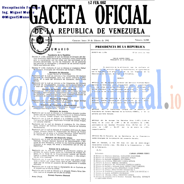 Gaceta Oficial 34900 del 10 Febrero 1992