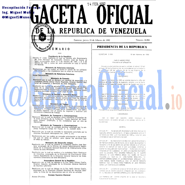 Gaceta Oficial 34903 del 13 Febrero 1992