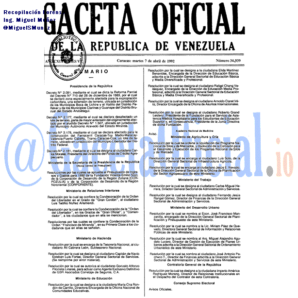 Gaceta Oficial 34939 del 7 Abril 1992