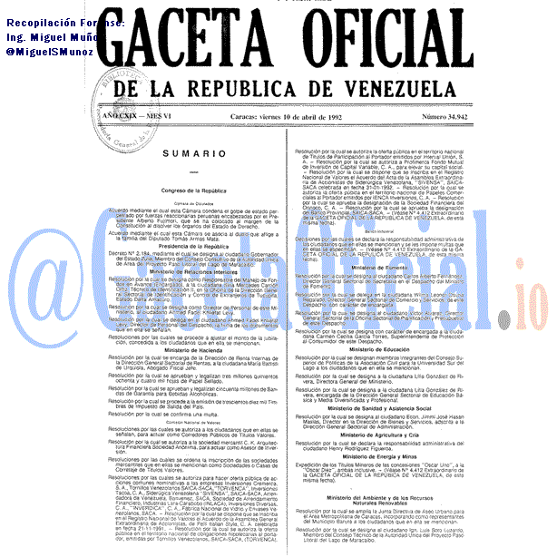 Gaceta Oficial 34942 del 10 Abril 1992