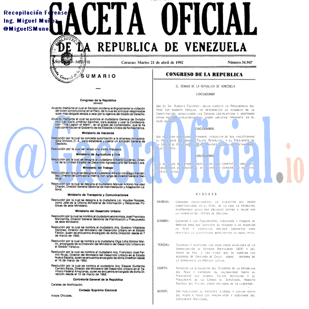 Gaceta Oficial 34947 del 21 Abril 1992