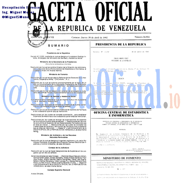 Gaceta Oficial 34954 del 30 Abril 1992