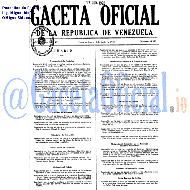 Gaceta Oficial 34985 del 15 Junio 1992