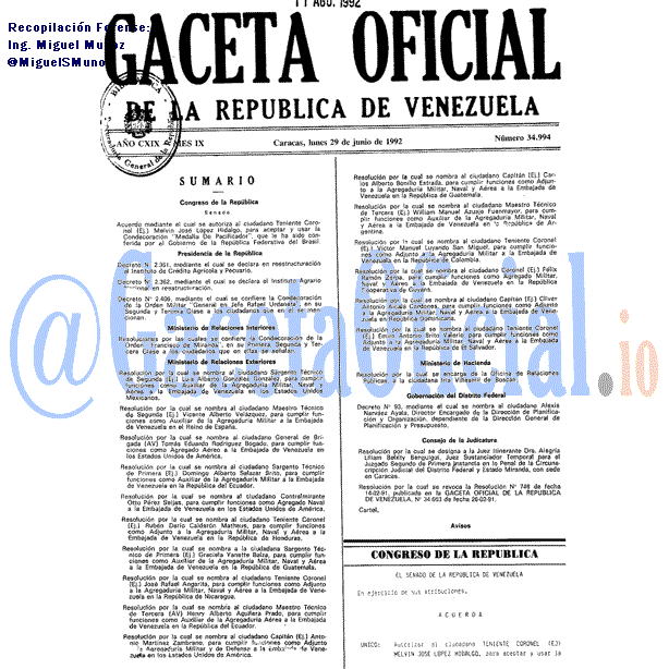 Gaceta Oficial 34994 del 29 Junio 1992