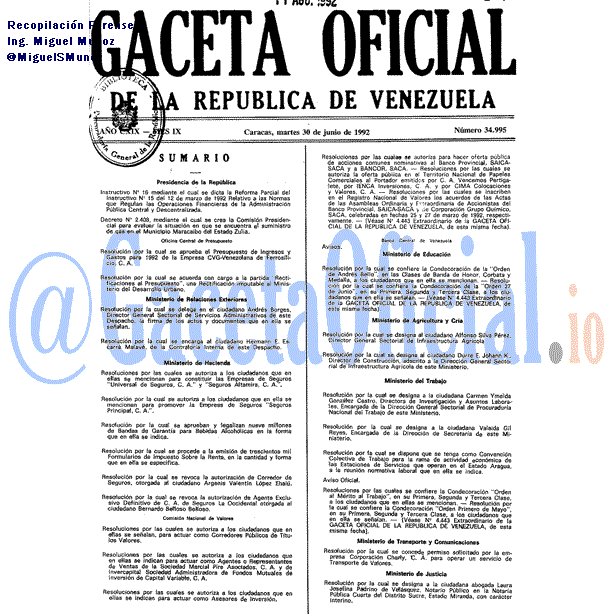 Gaceta Oficial 34995 del 30 Junio 1992