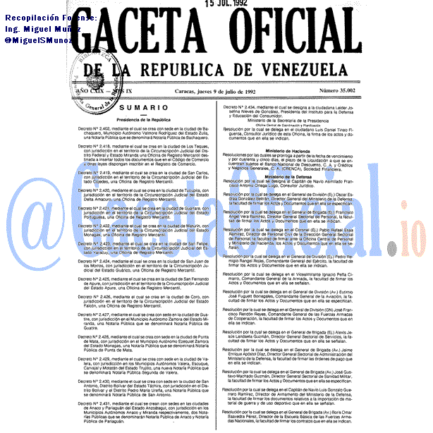 Gaceta Oficial 35002 del 9 Julio 1992
