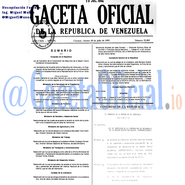 Gaceta Oficial 35003 del 10 Julio 1992