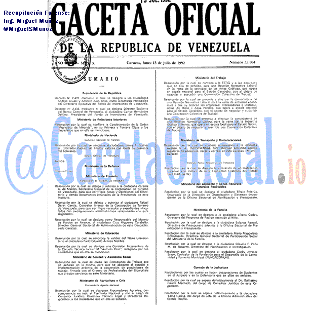Gaceta Oficial 35004 del 13 Julio 1992