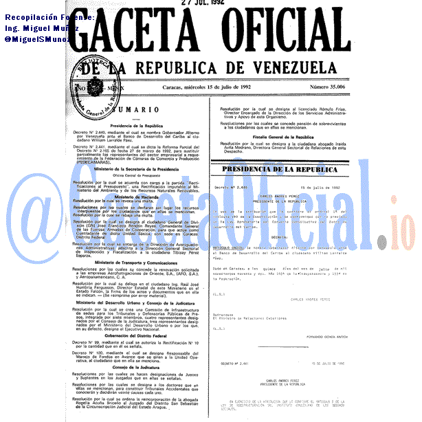 Gaceta Oficial 35006 del 15 Julio 1992