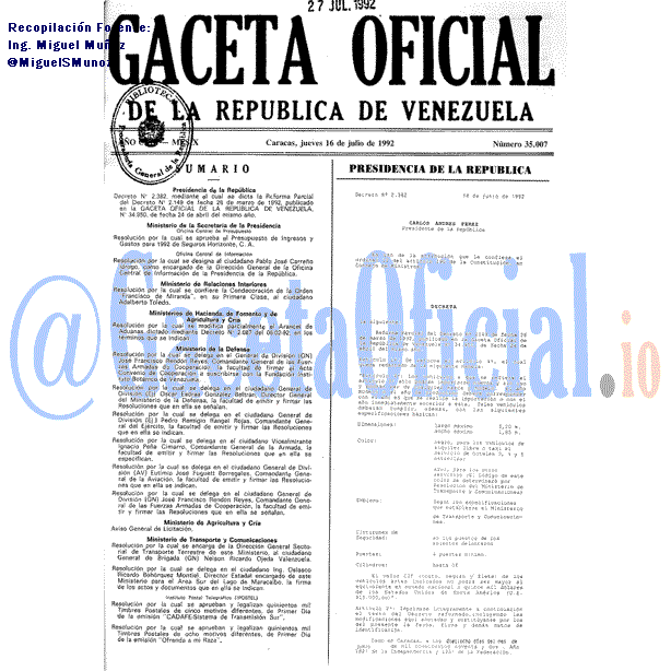 Gaceta Oficial 35007 del 16 Julio 1992