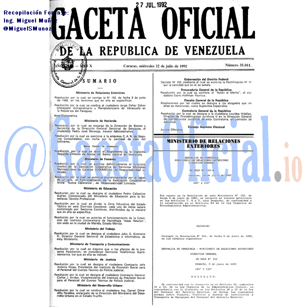 Gaceta Oficial 35011 del 22 Julio 1992