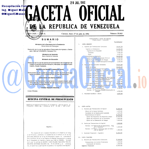 Gaceta Oficial 35013 del 27 Julio 1992