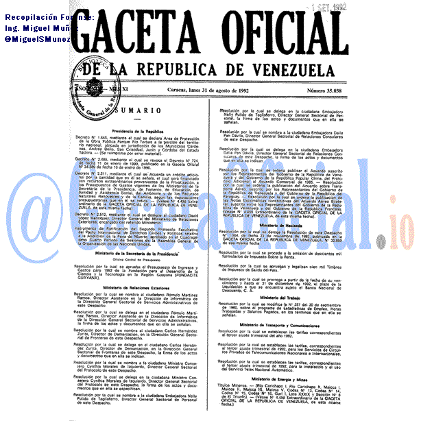 Gaceta Oficial 35038 del 31 Agosto 1992