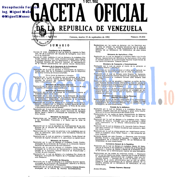 Gaceta Oficial 35054 del 22 Septiembre 1992