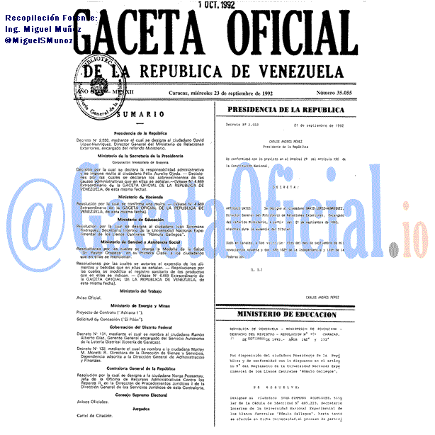 Gaceta Oficial 35055 del 23 Septiembre 1992