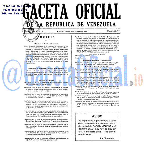 Gaceta Oficial 35067 del 9 Octubre 1992