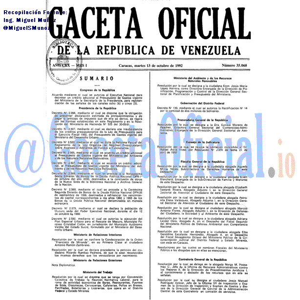 Gaceta Oficial 35068 del 13 Octubre 1992