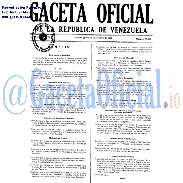 Gaceta Oficial 35070 del 15 Octubre 1992