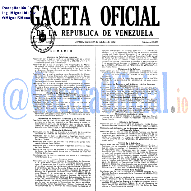 Gaceta Oficial 35078 del 27 Octubre 1992
