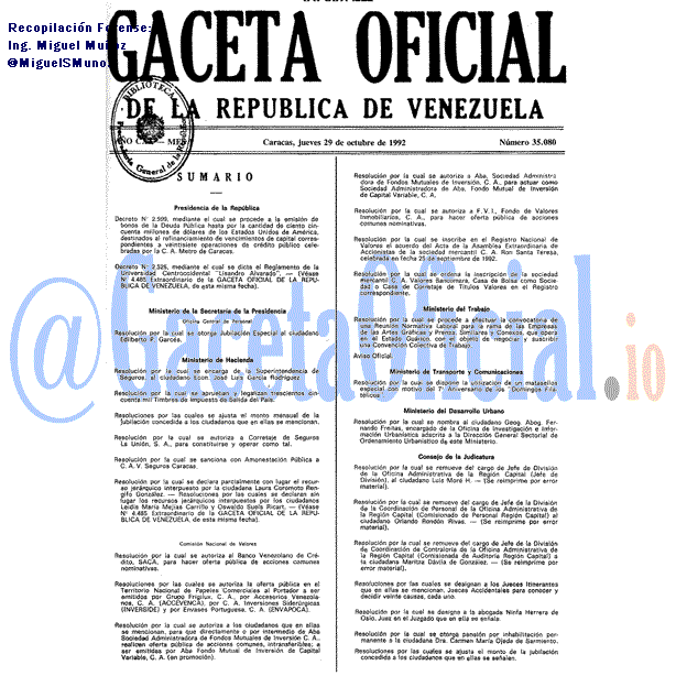 Gaceta Oficial 35080 del 29 Octubre 1992