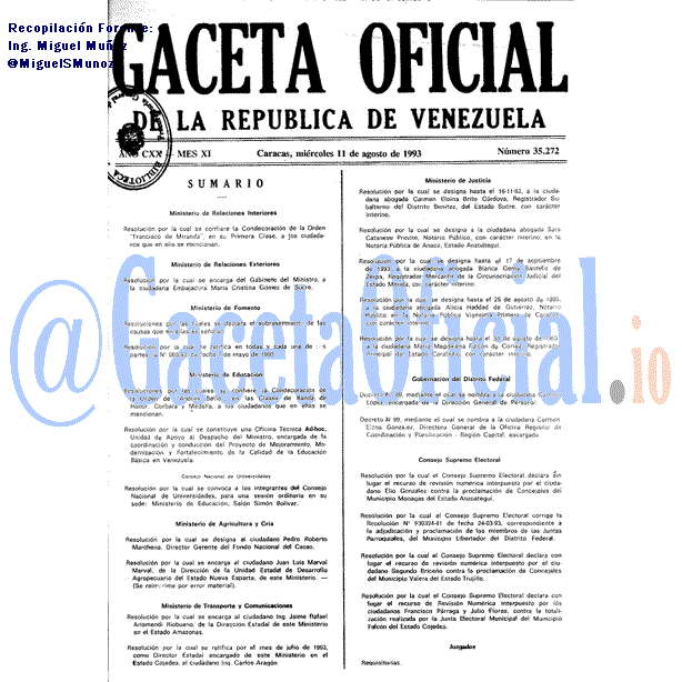 Gaceta Oficial 35272 del 11 Agosto 1993