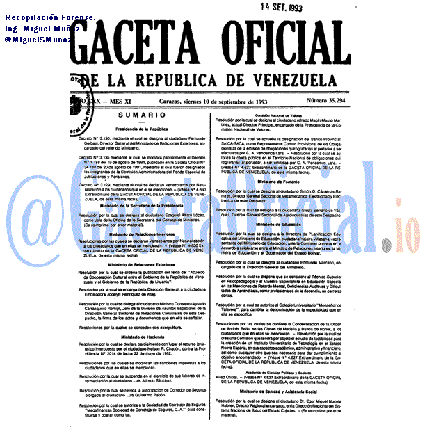 Gaceta Oficial 35294 del 10 Septiembre 1993