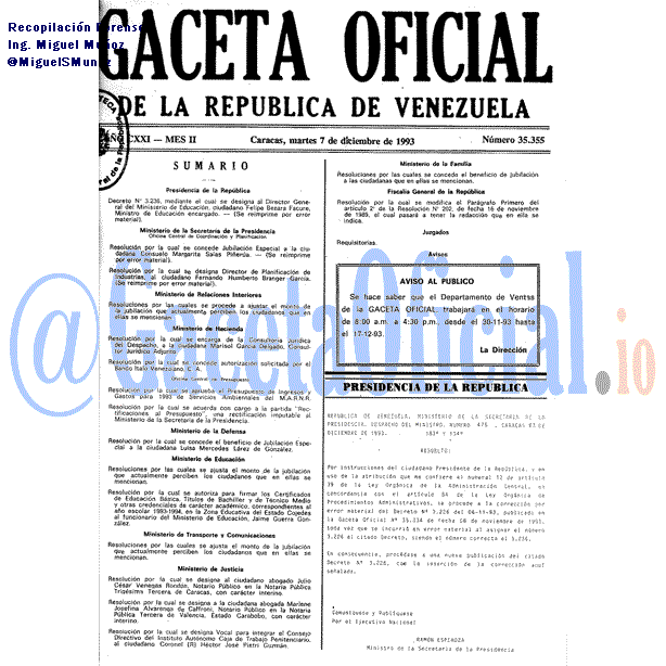 Gaceta Oficial 35355 del 7 Diciembre 1993