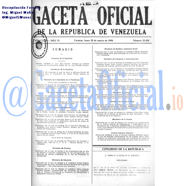 Gaceta Oficial 35430 del 28 Marzo 1994