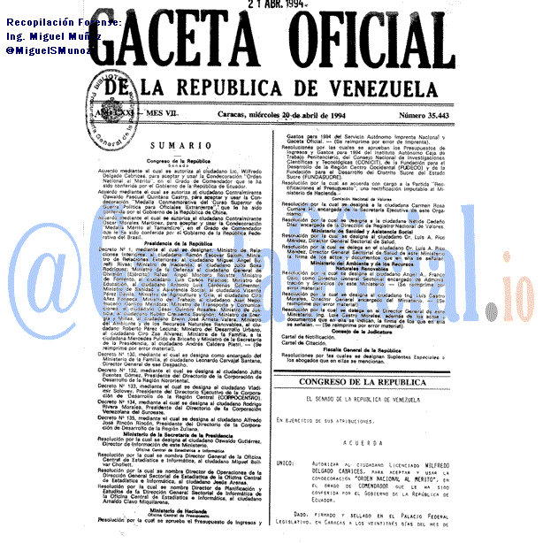 Gaceta Oficial 35443 del 20 Abril 1994