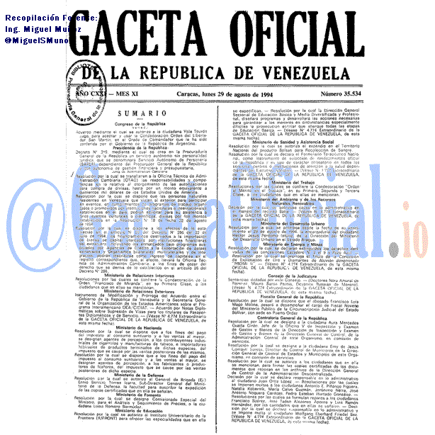 Gaceta Oficial 35534 del 29 Agosto 1994