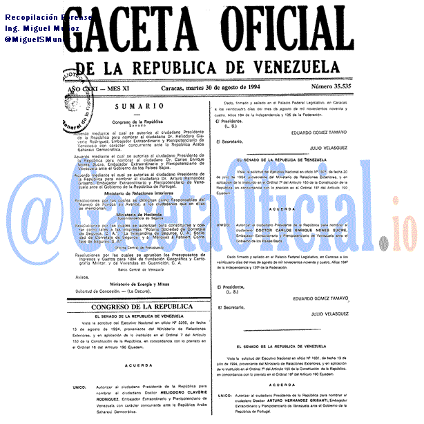 Gaceta Oficial 35535 del 30 Agosto 1994