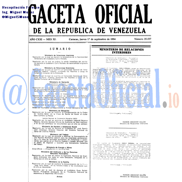 Gaceta Oficial 35537 del 1 Septiembre 1994