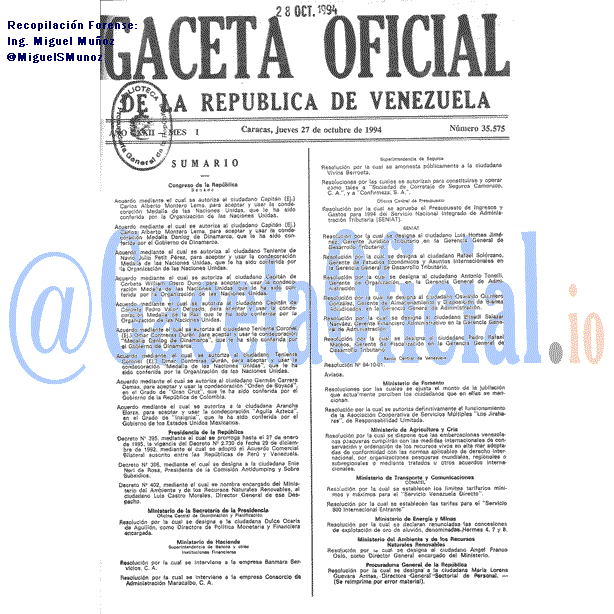 Gaceta Oficial 35575 del 27 Octubre 1994