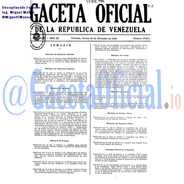 Gaceta Oficial 35611 del 16 Diciembre 1994