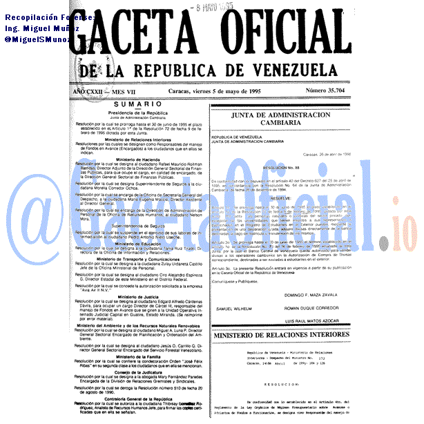 Gaceta Oficial 35704 del 5 Mayo 1995