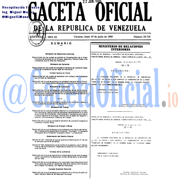 Gaceta Oficial 35735 del 19 Junio 1995
