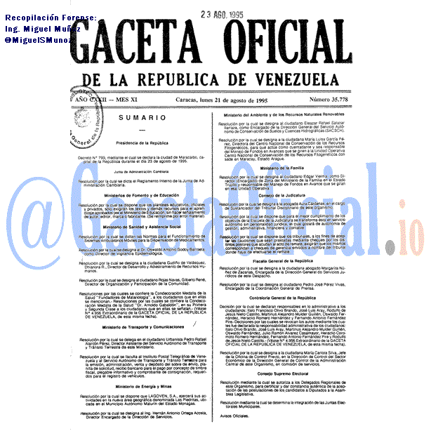 Gaceta Oficial 35778 del 21 Agosto 1995