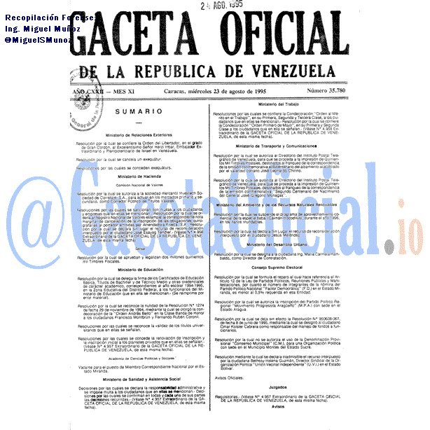 Gaceta Oficial 35780 del 23 Agosto 1995