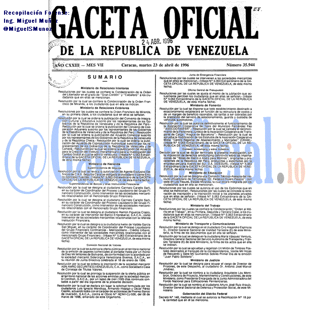 Gaceta Oficial 35944 del 23 Abril 1996