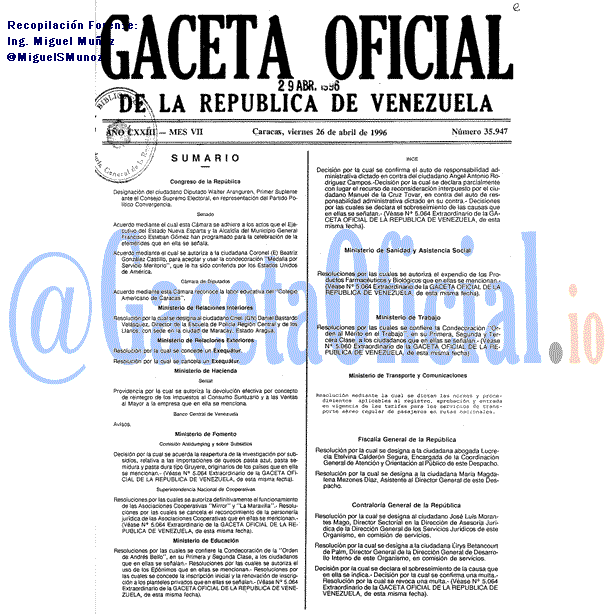 Gaceta Oficial 35947 del 26 Abril 1996