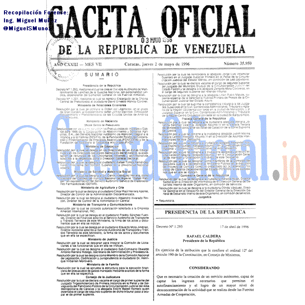 Gaceta Oficial 35950 del 2 Mayo 1996