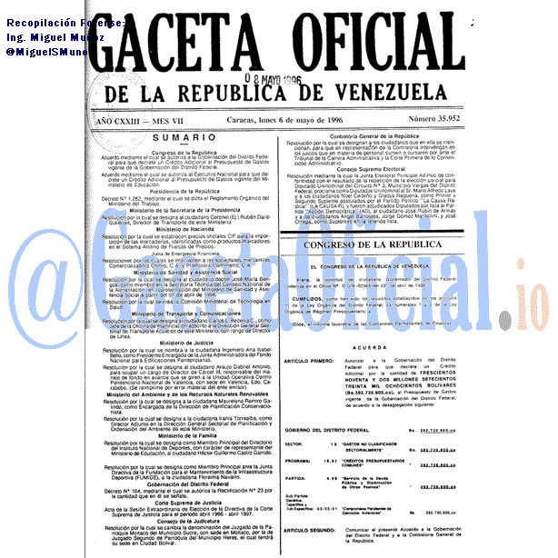 Gaceta Oficial 35952 del 6 Mayo 1996