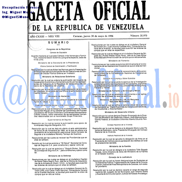 Gaceta Oficial 35970 del 30 Mayo 1996