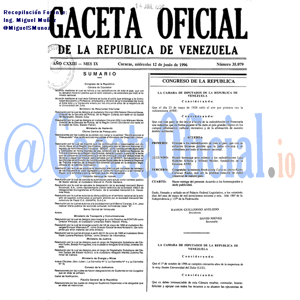 Gaceta Oficial 35979 del 12 Junio 1996